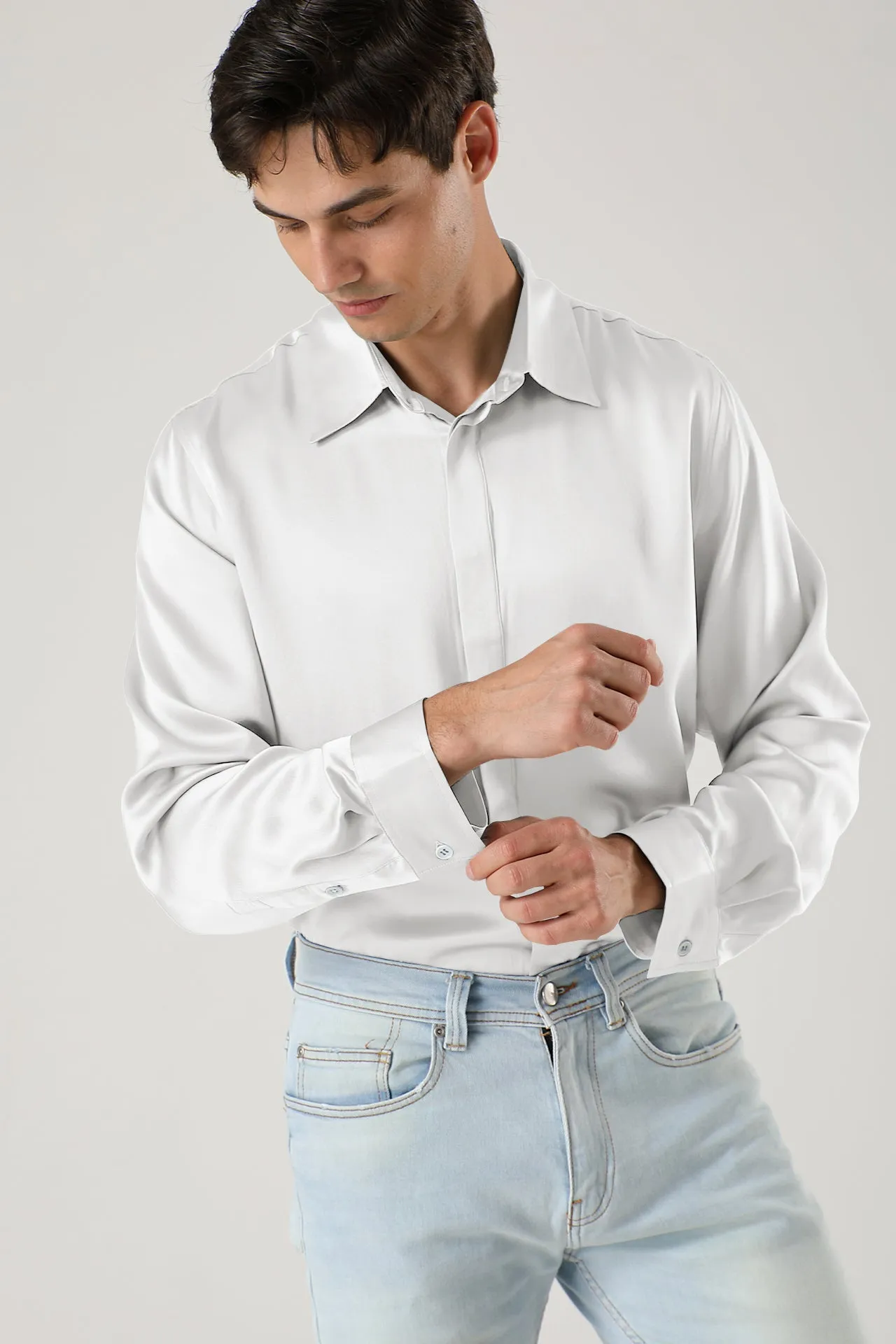 Men Long Sleeve Concealed Placket Silk Shirt
