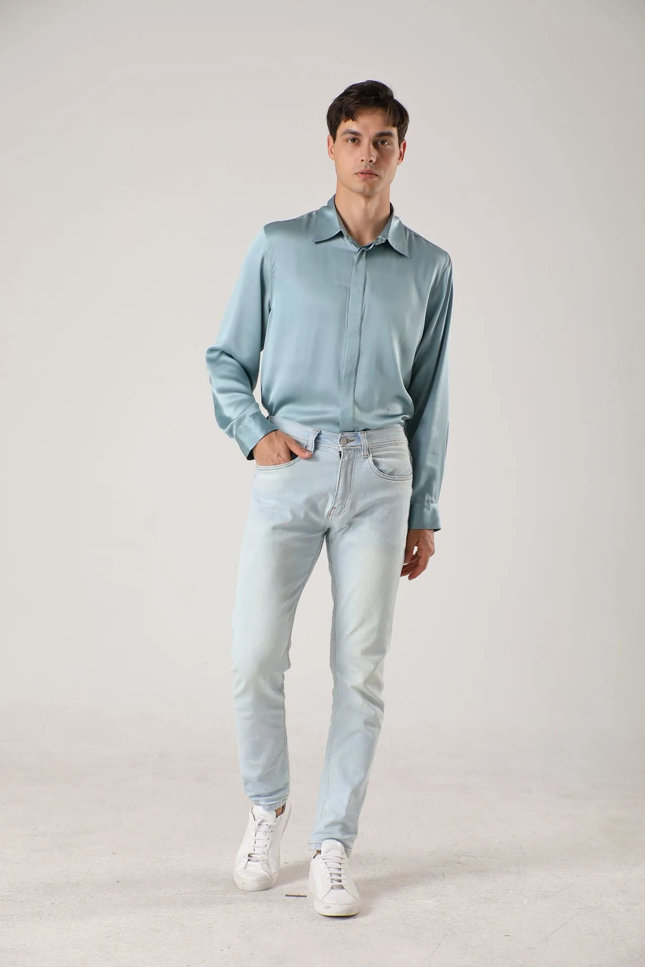 Men Long Sleeve Concealed Placket Silk Shirt