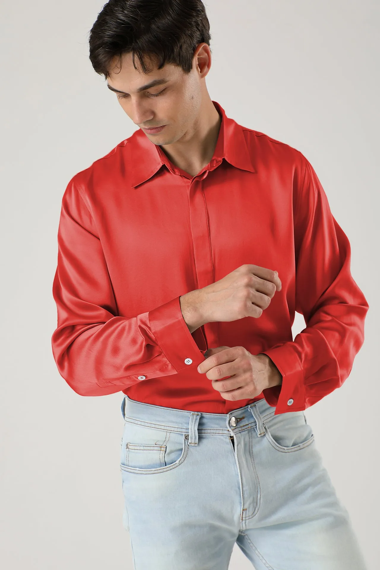 Men Long Sleeve Concealed Placket Silk Shirt