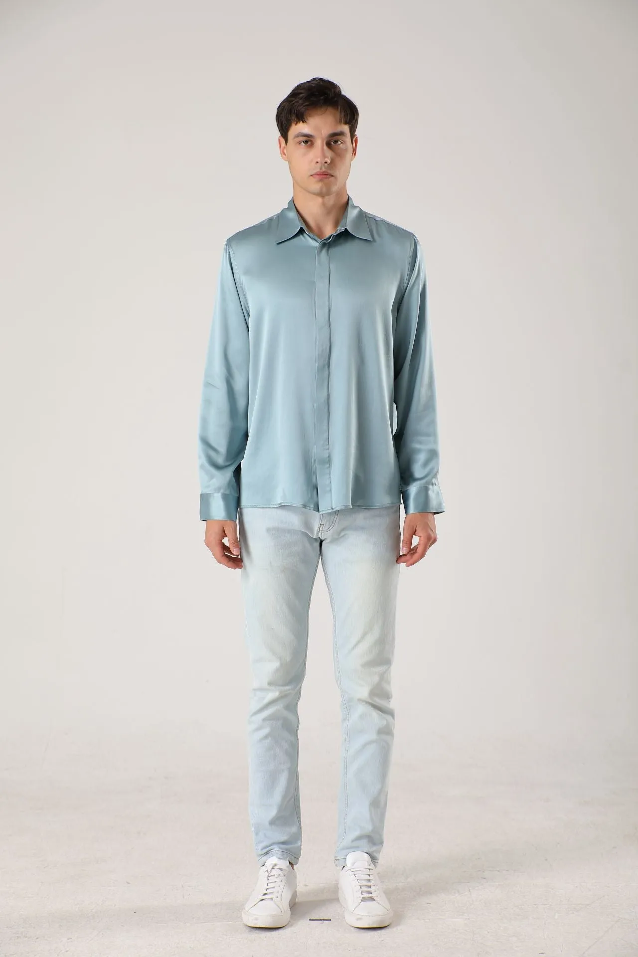 Men Long Sleeve Concealed Placket Silk Shirt