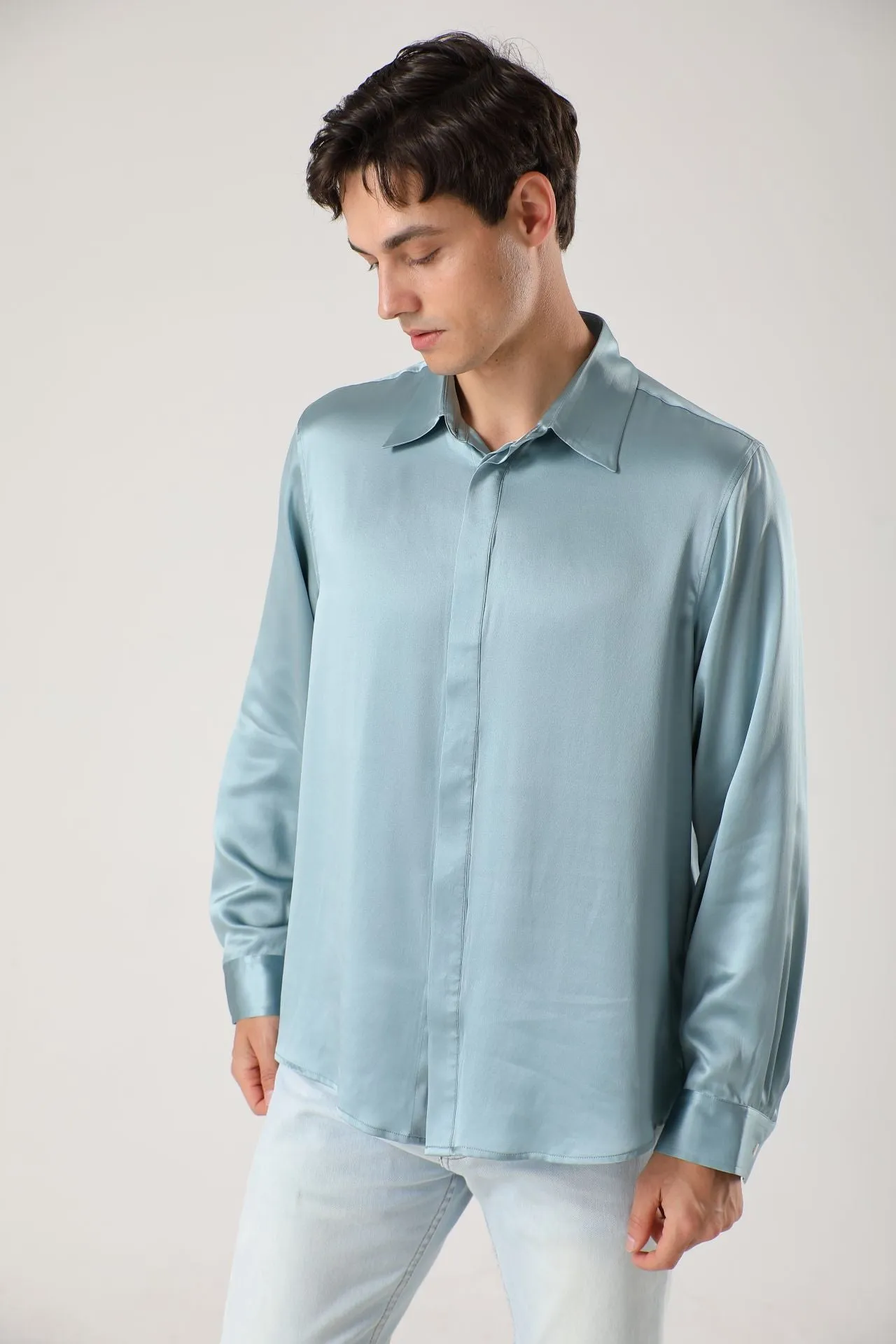 Men Long Sleeve Concealed Placket Silk Shirt