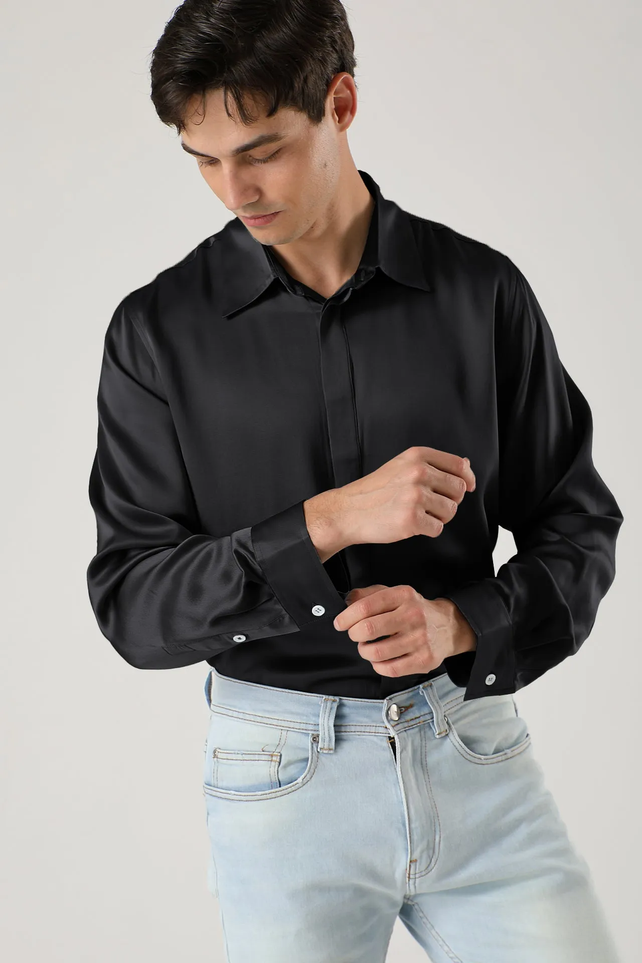 Men Long Sleeve Concealed Placket Silk Shirt