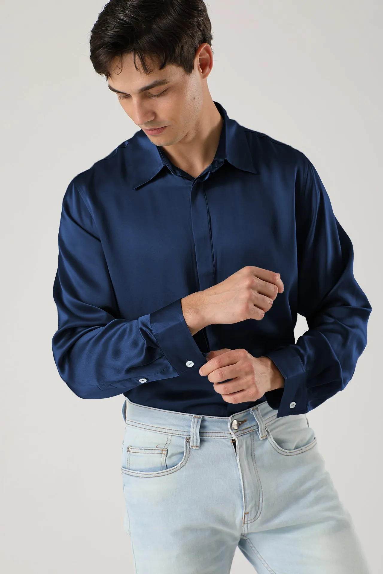 Men Long Sleeve Concealed Placket Silk Shirt