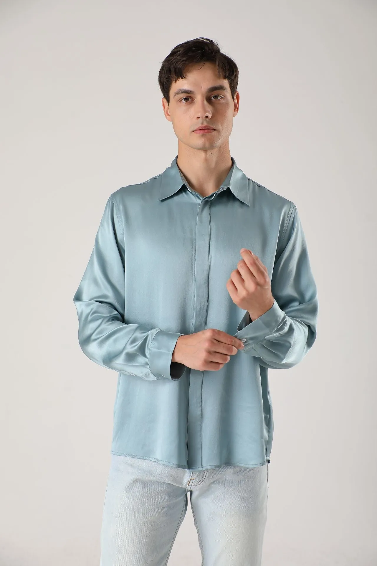 Men Long Sleeve Concealed Placket Silk Shirt