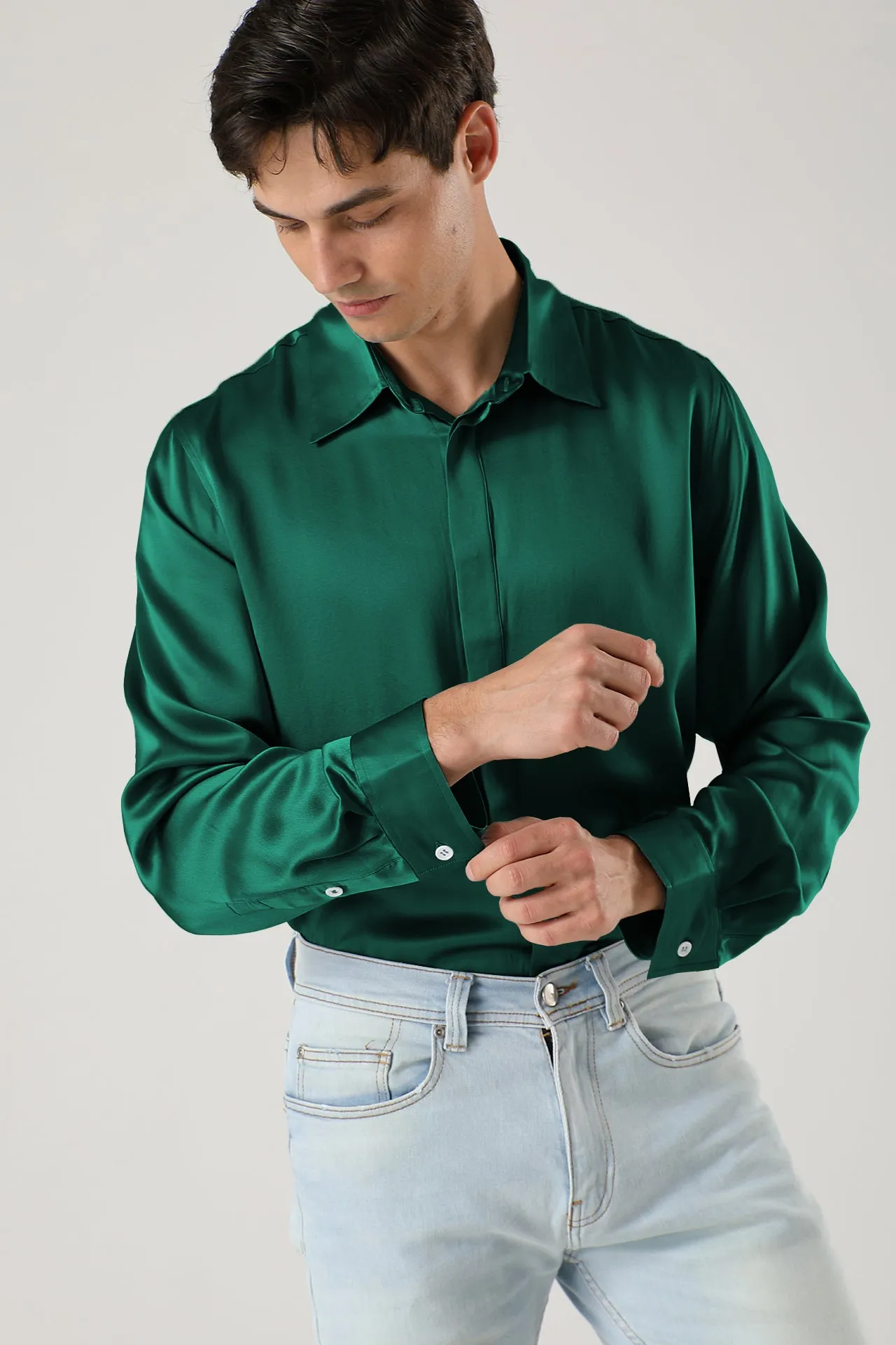Men Long Sleeve Concealed Placket Silk Shirt