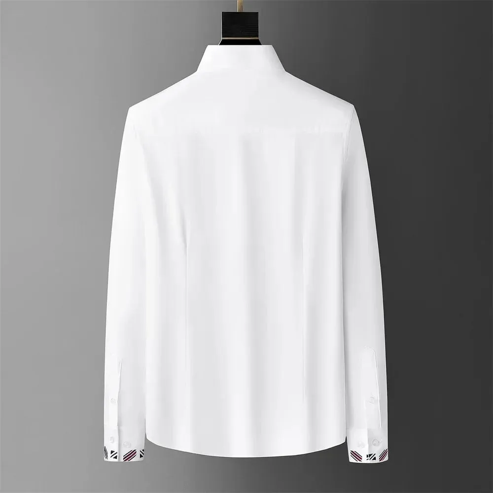 Men's Autumn Embroidery Shirt – Solid Color Business Casual Formal Long Sleeve Party Tops