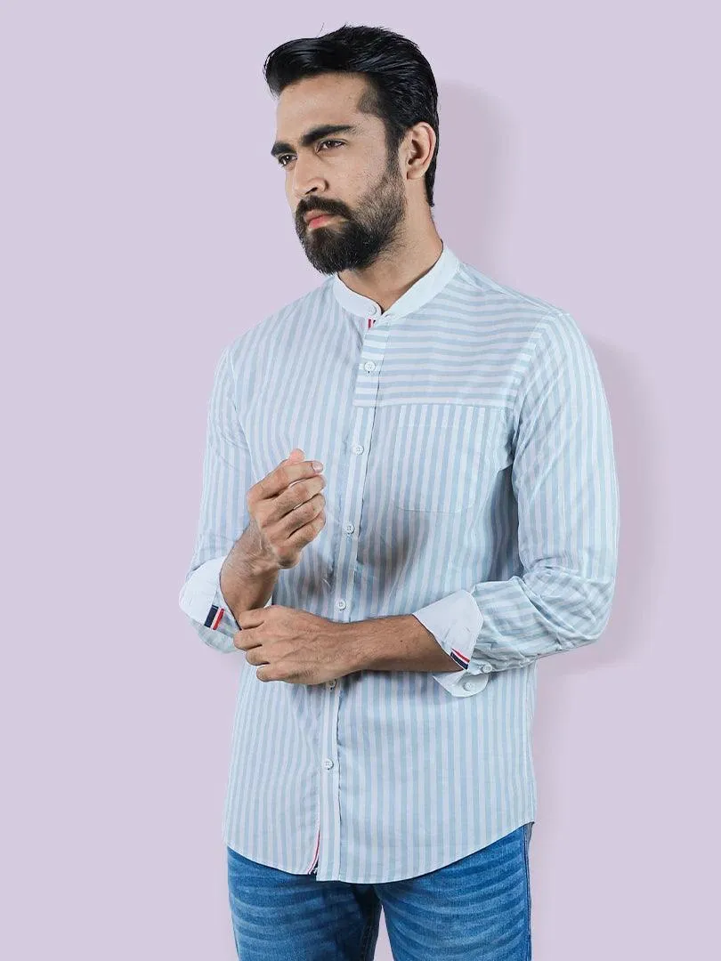 Men's Band Collar Casual Shirt in Stripe