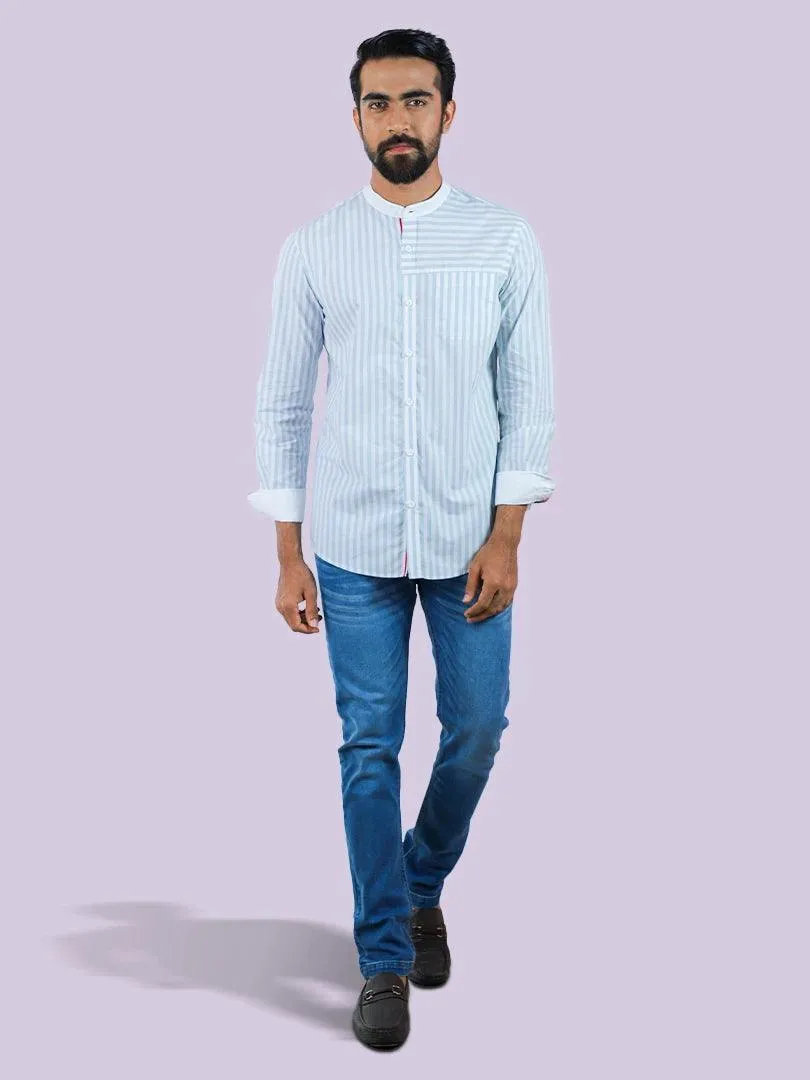 Men's Band Collar Casual Shirt in Stripe