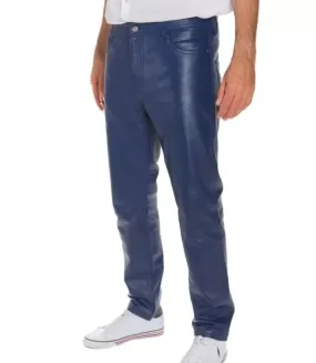 Men's Blue Genuine Leather slim fit jeans pants