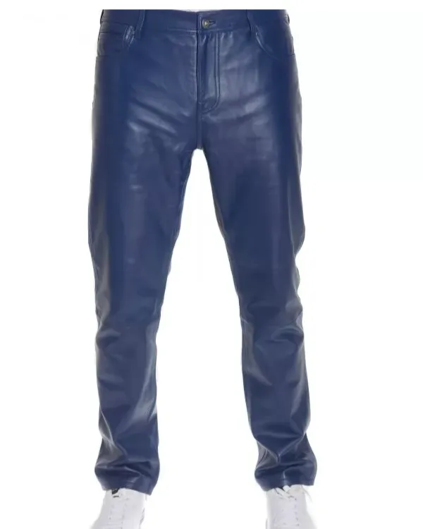 Men's Blue Genuine Leather slim fit jeans pants