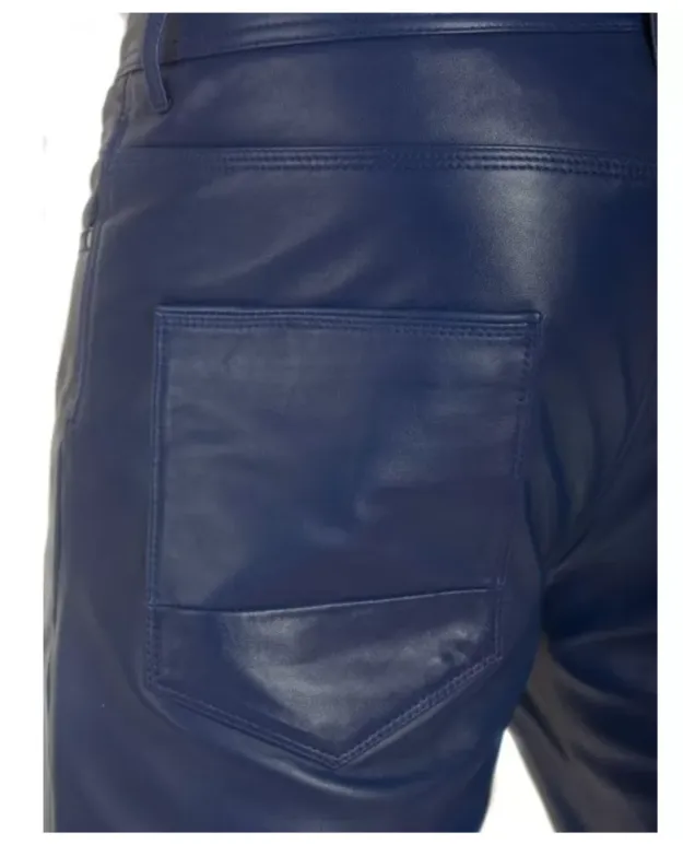 Men's Blue Genuine Leather slim fit jeans pants