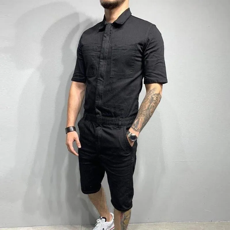 Men's Casual Solid Color Short Sleeve Jumpsuit 18558616Y
