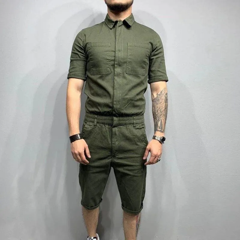Men's Casual Solid Color Short Sleeve Jumpsuit 18558616Y