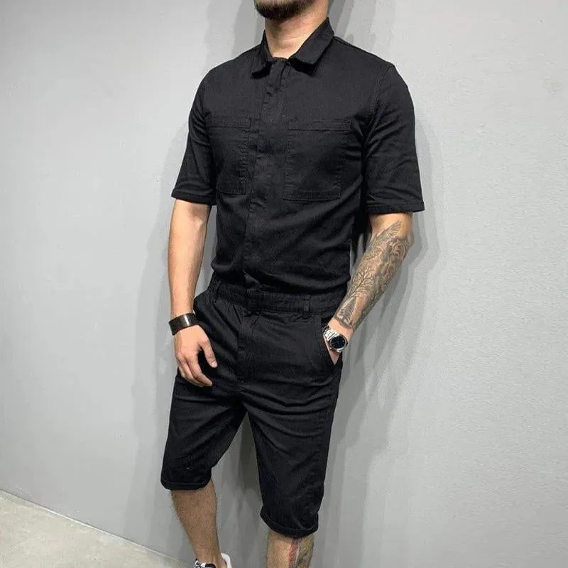 Men's Casual Solid Color Short Sleeve Jumpsuit 18558616Y