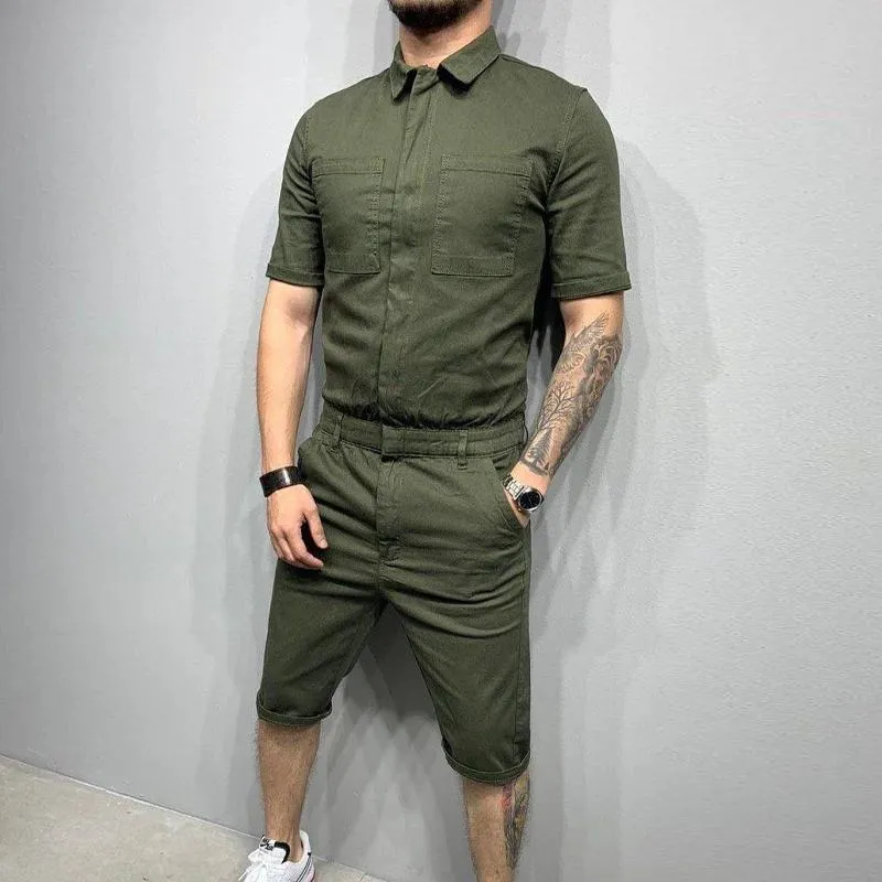 Men's Casual Solid Color Short Sleeve Jumpsuit 18558616Y