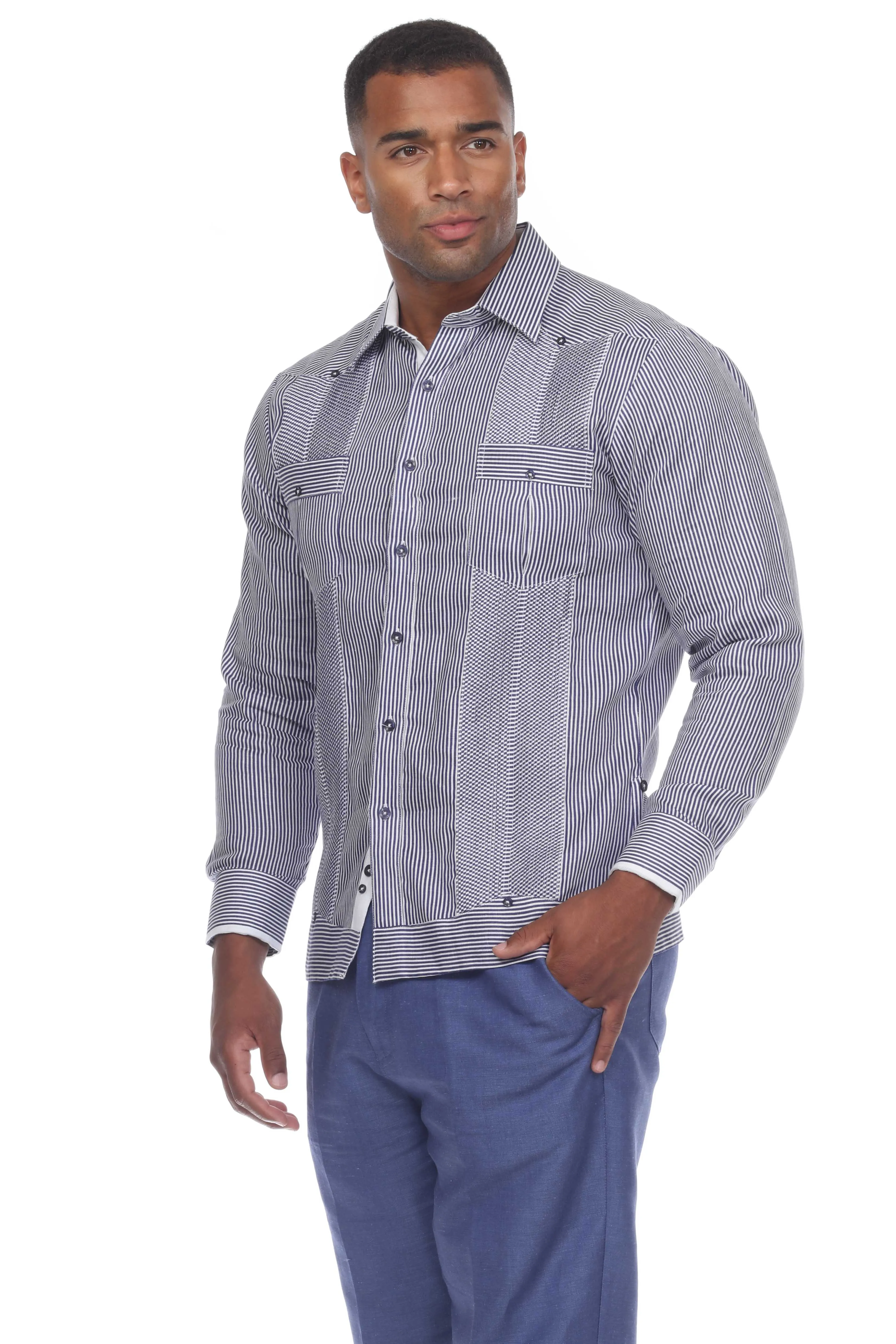Mojito Collection Pinstripe 100% Linen Guayabera Shirt Long Sleeve