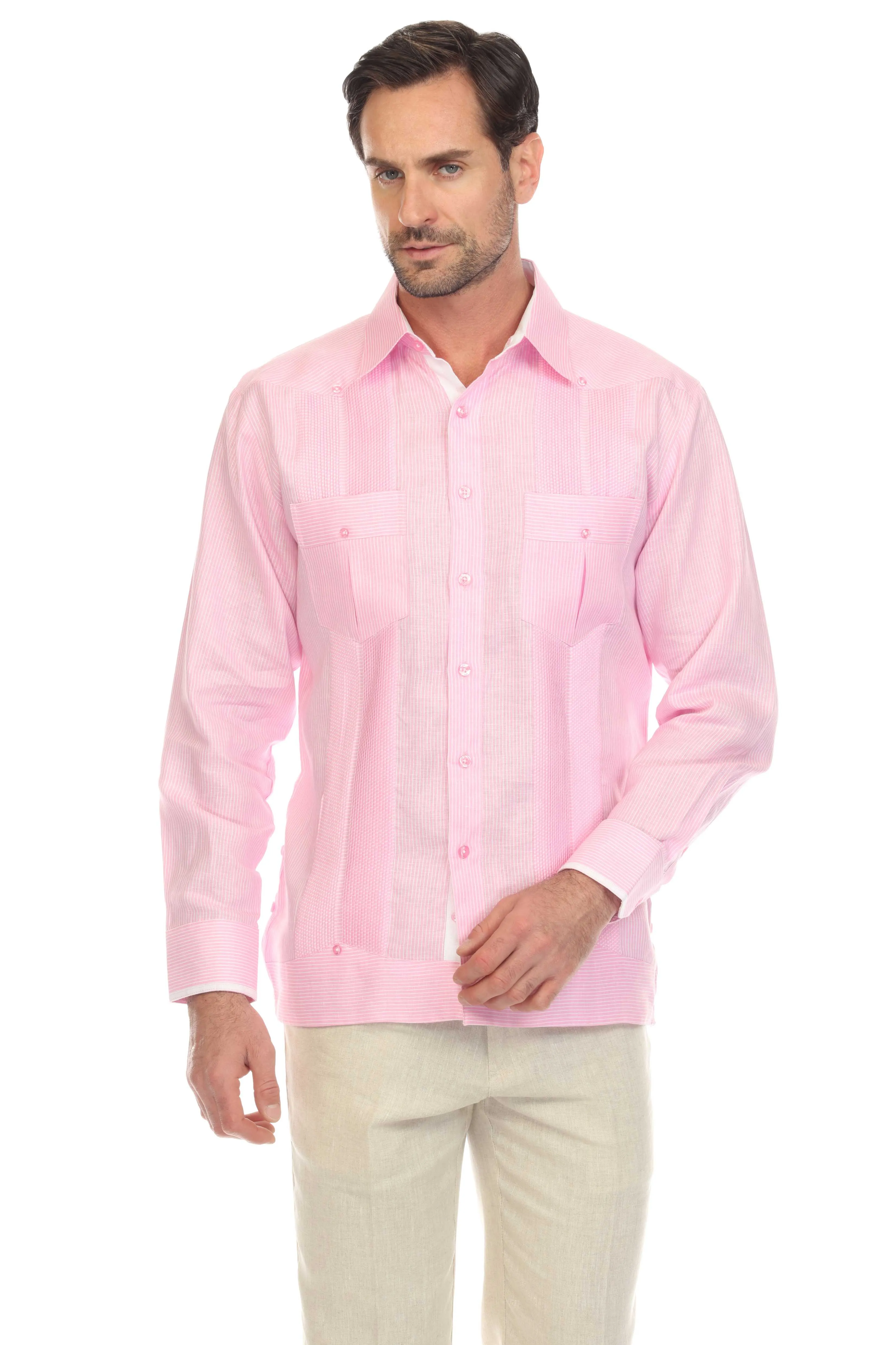 Mojito Collection Pinstripe 100% Linen Guayabera Shirt Long Sleeve