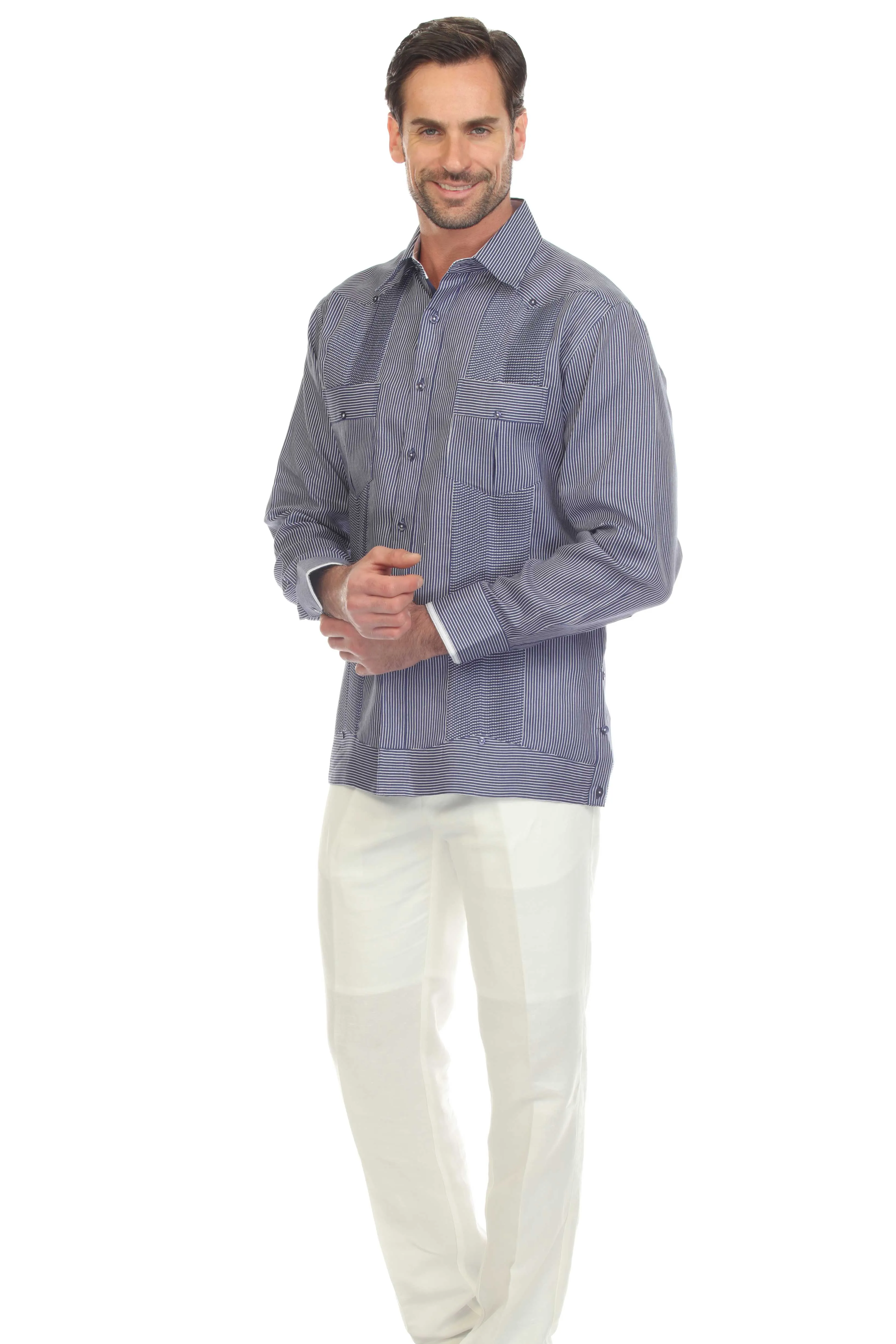 Mojito Collection Pinstripe 100% Linen Guayabera Shirt Long Sleeve