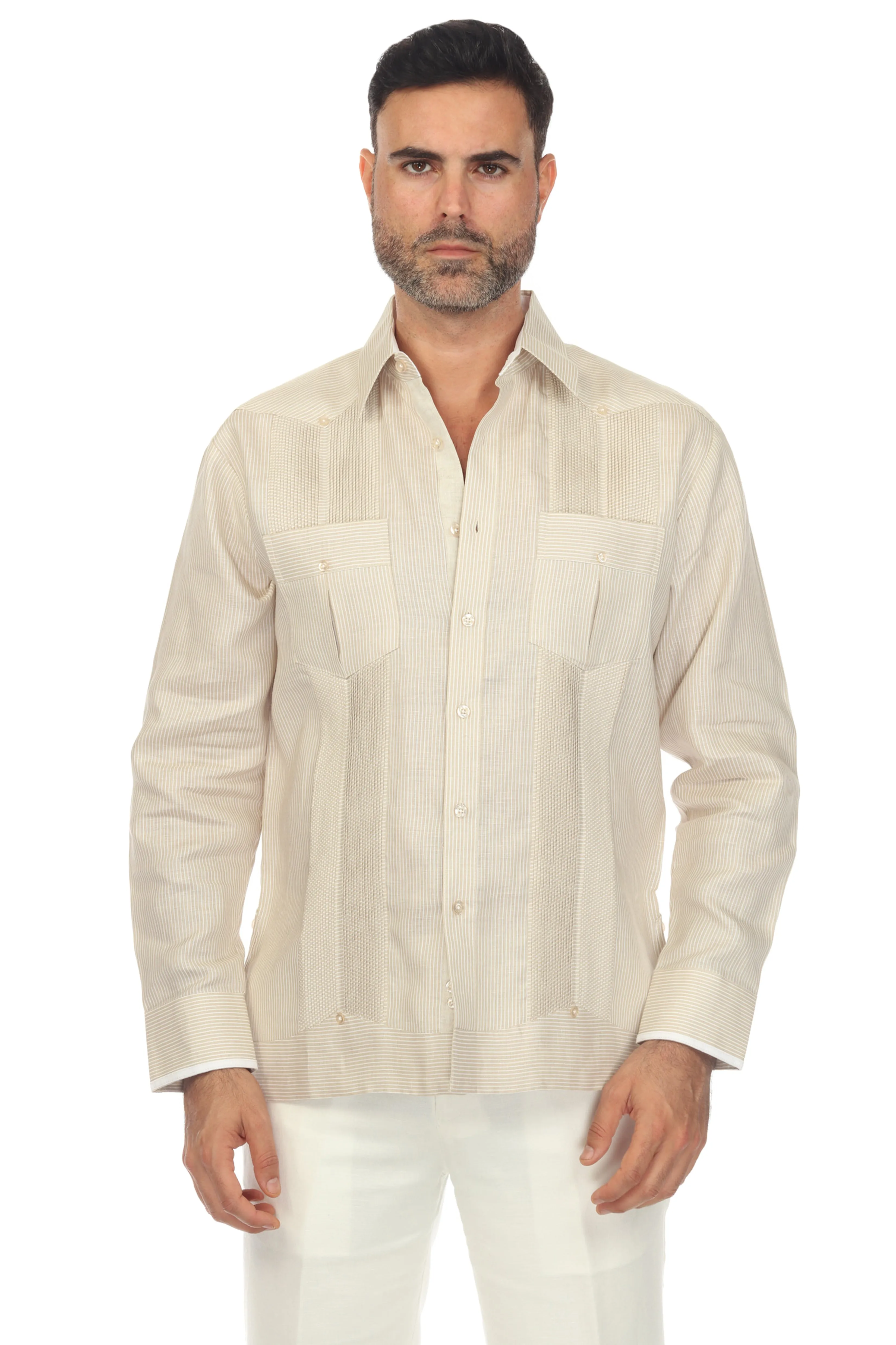 Mojito Collection Pinstripe 100% Linen Guayabera Shirt Long Sleeve