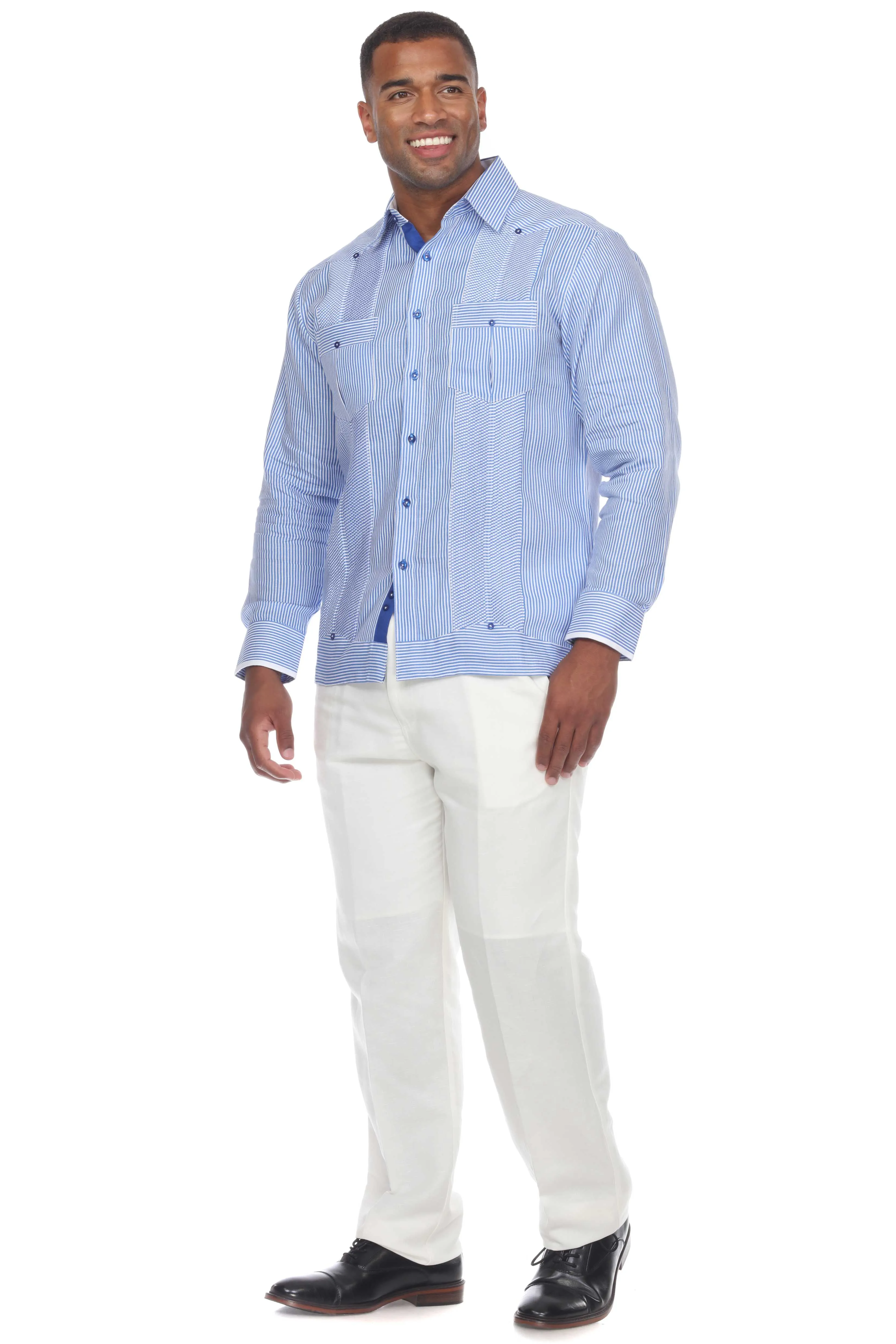 Mojito Collection Pinstripe 100% Linen Guayabera Shirt Long Sleeve