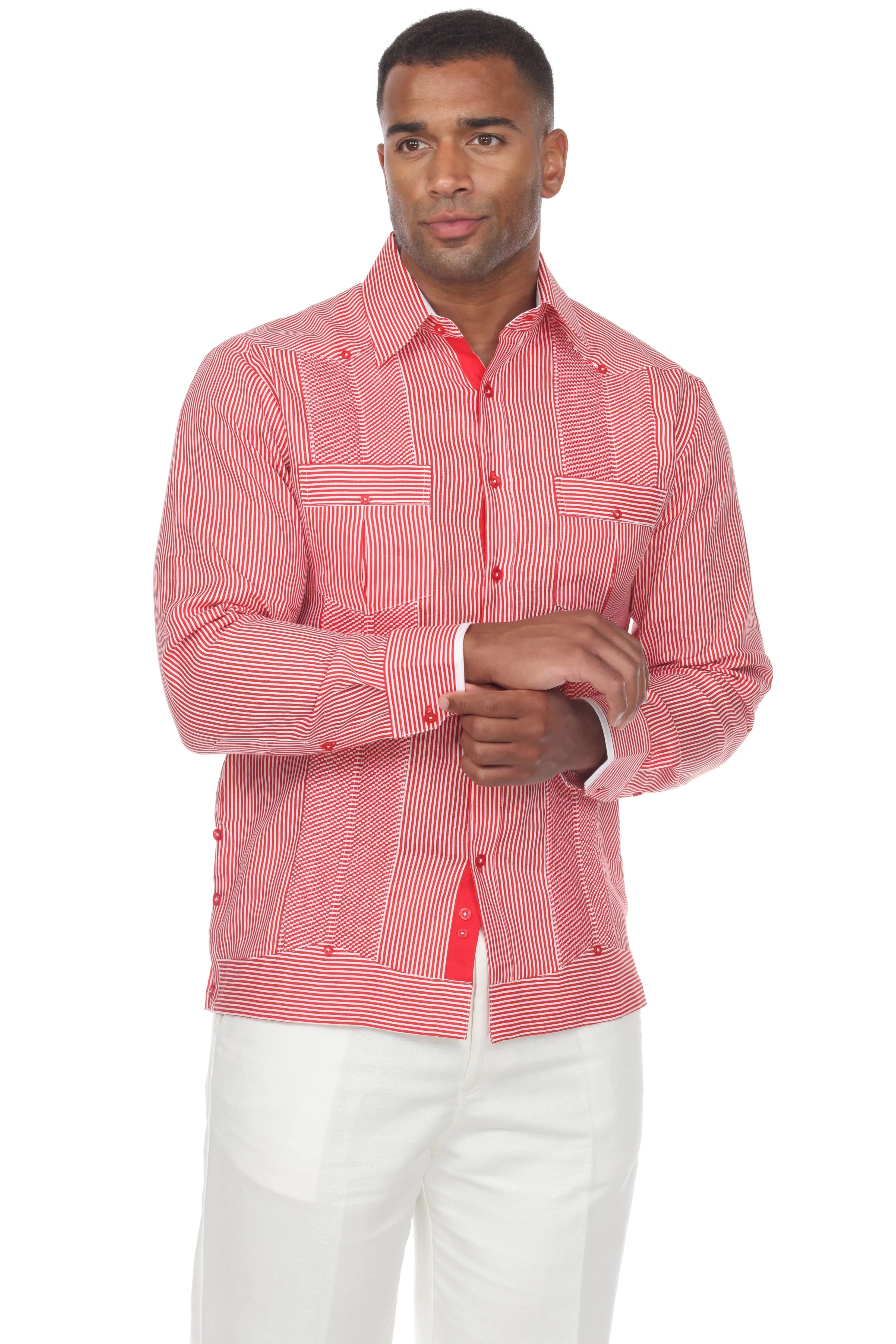 Mojito Collection Pinstripe 100% Linen Guayabera Shirt Long Sleeve