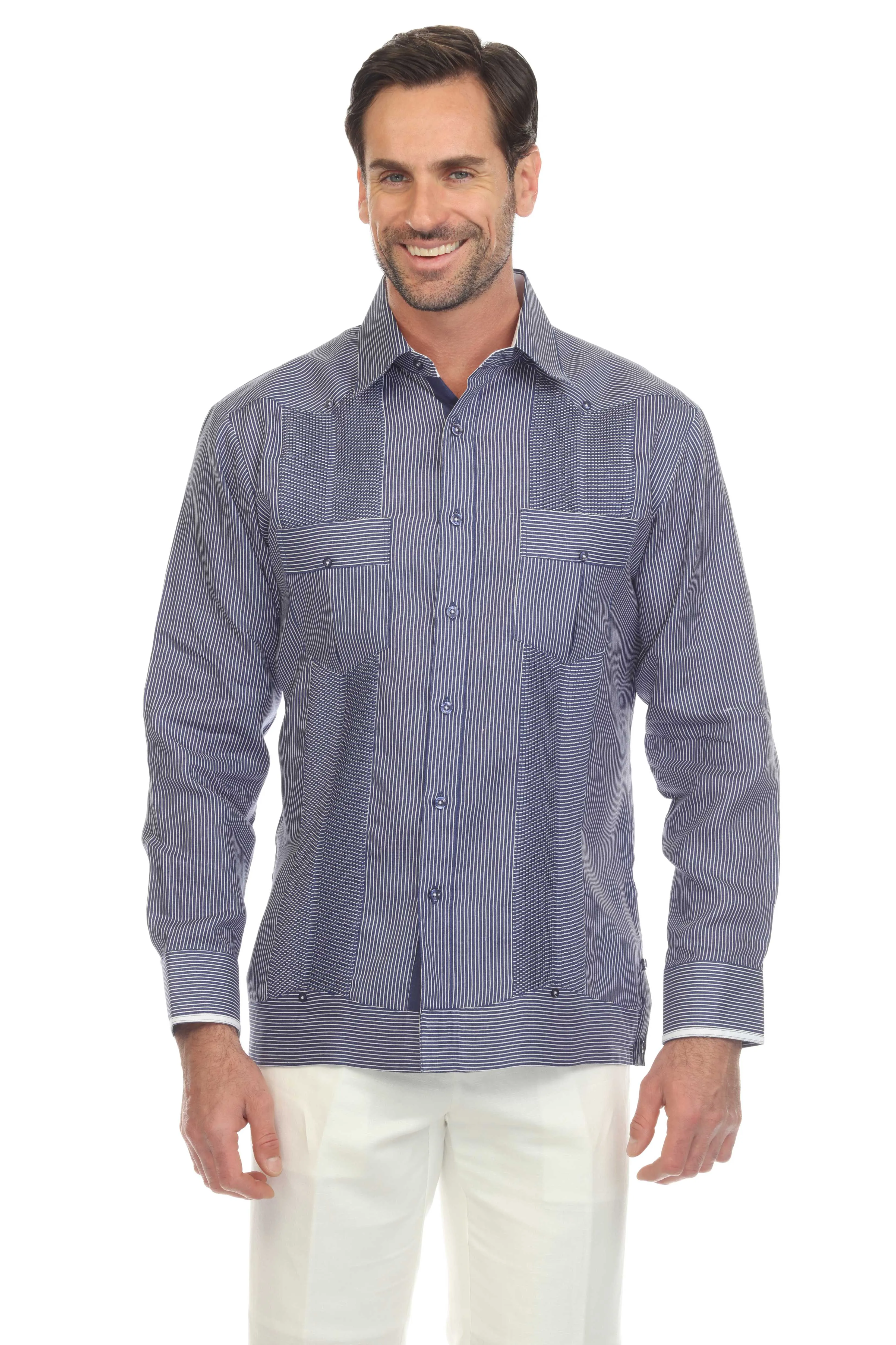 Mojito Collection Pinstripe 100% Linen Guayabera Shirt Long Sleeve