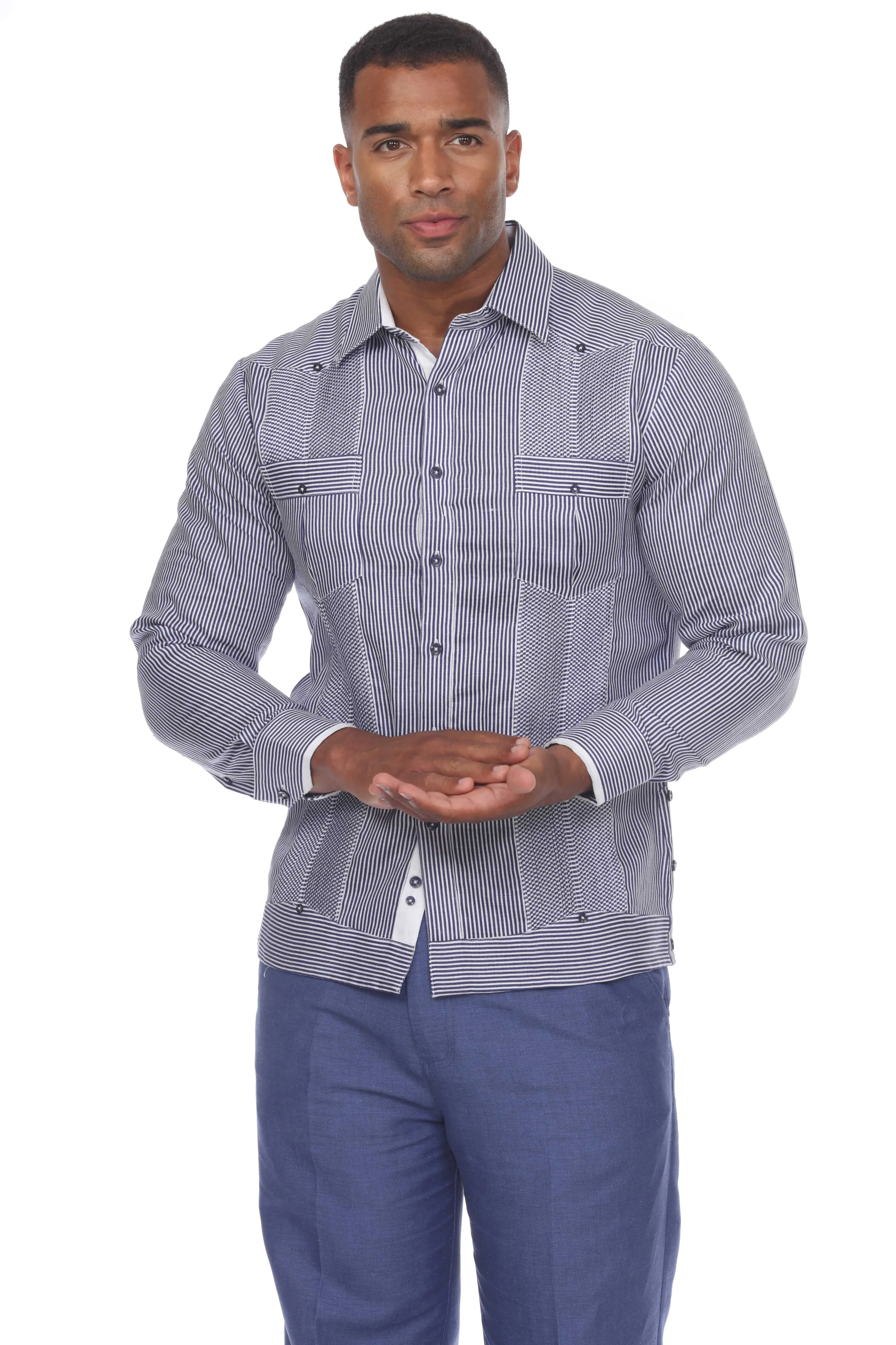 Mojito Collection Pinstripe 100% Linen Guayabera Shirt Long Sleeve