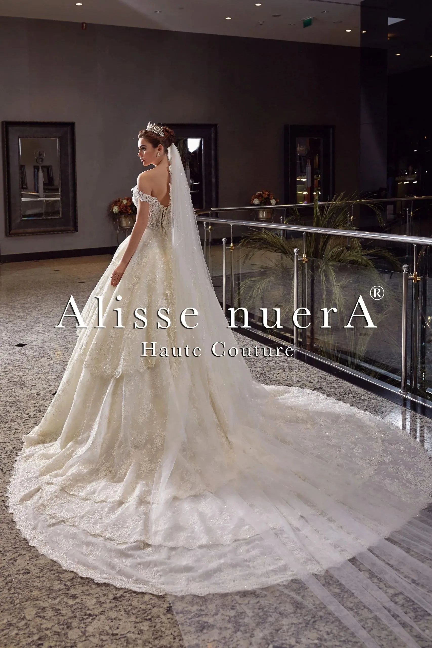 Off Shoulder A Line Asymmetric Layered Lace Skirt Bridal Gown