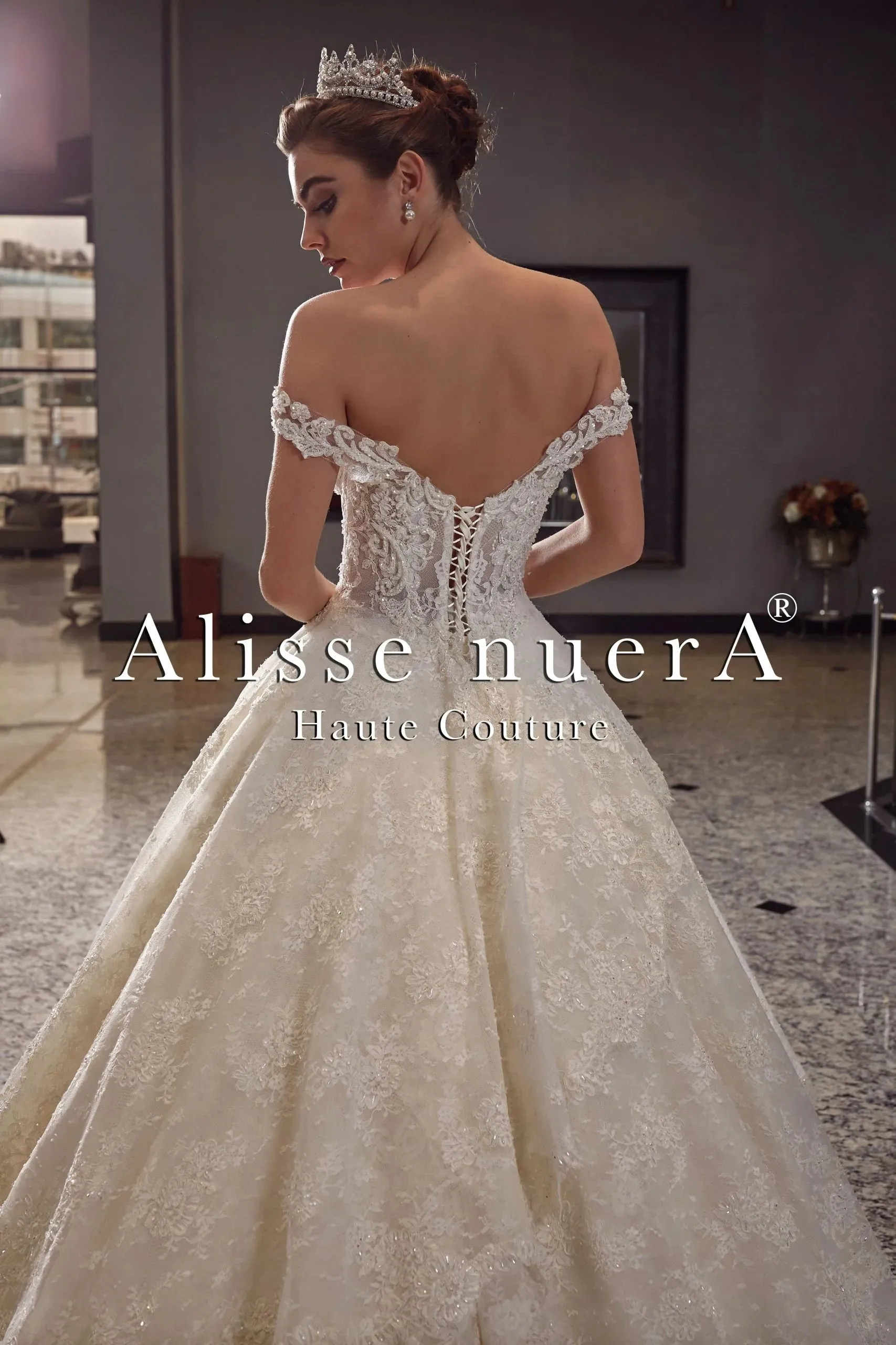 Off Shoulder A Line Asymmetric Layered Lace Skirt Bridal Gown