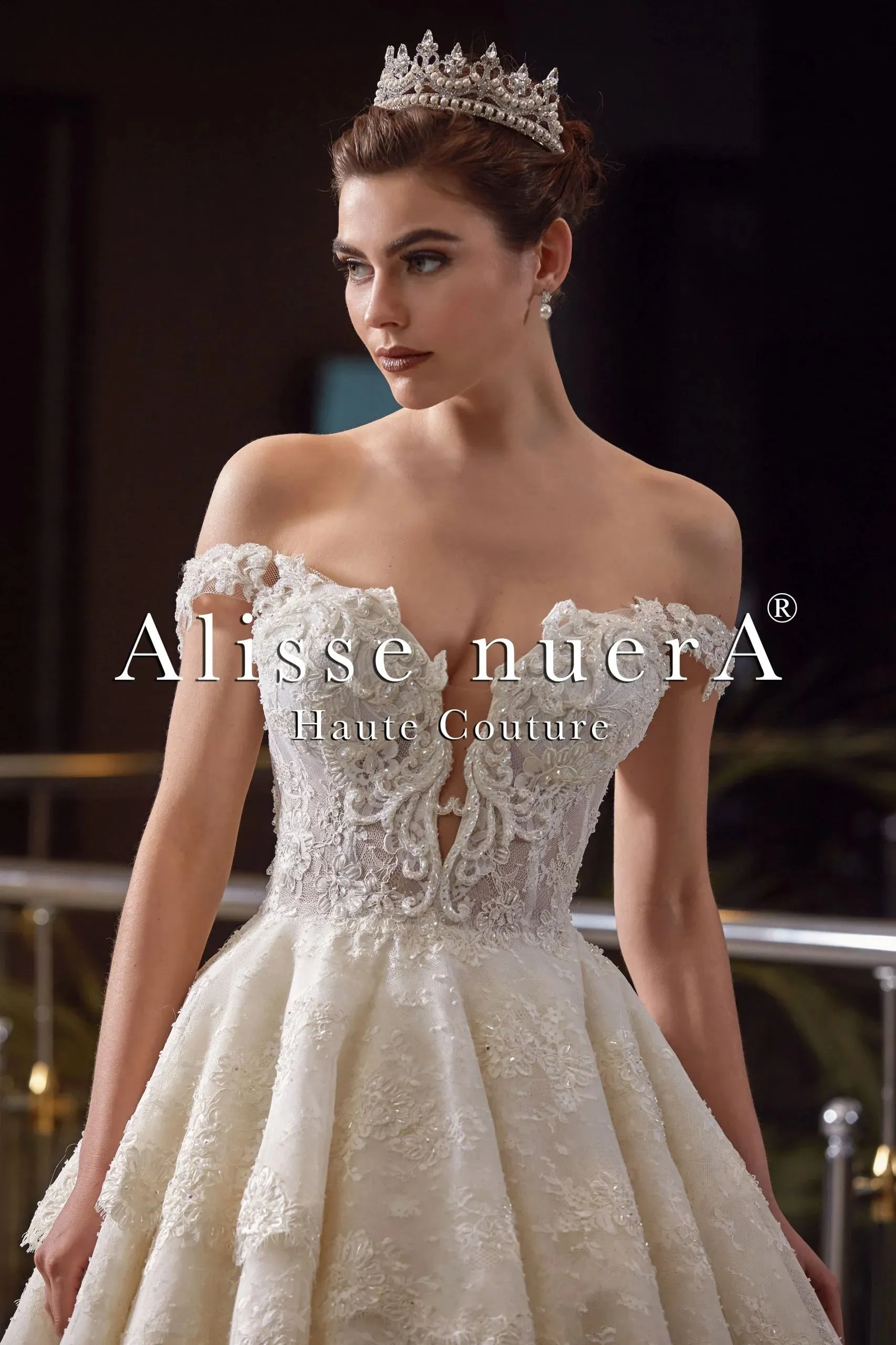 Off Shoulder A Line Asymmetric Layered Lace Skirt Bridal Gown