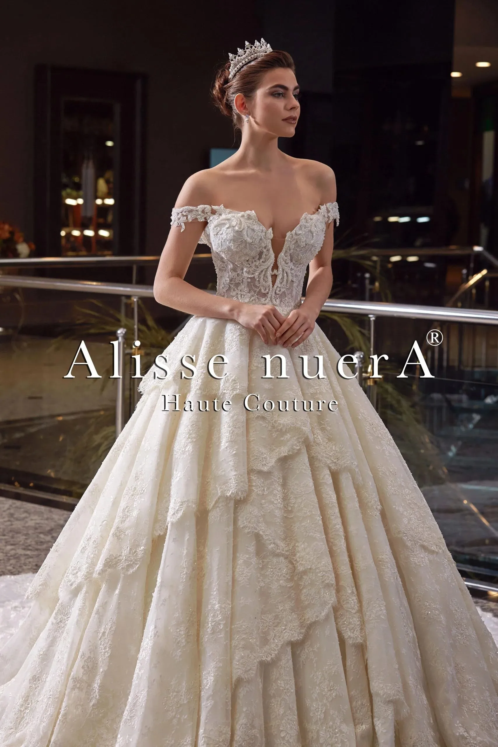 Off Shoulder A Line Asymmetric Layered Lace Skirt Bridal Gown