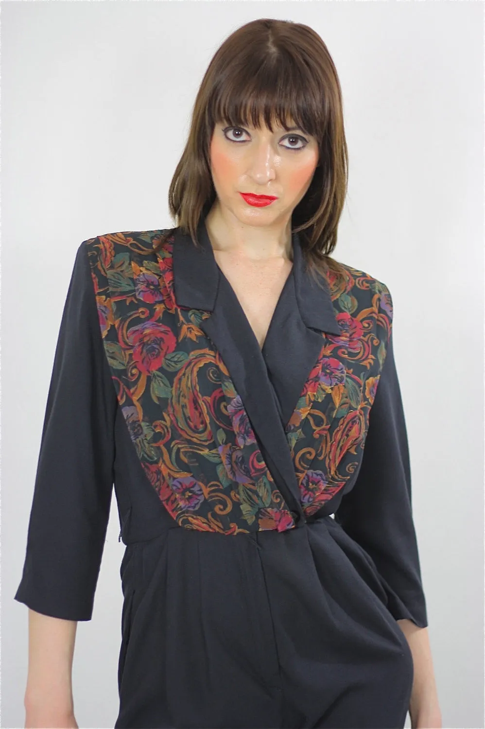 paisley jumpsuit Hippie Boho wrap surplus romper 1980s black criss cross long sleeve high waist tapered leg  Deep V romper jumpsuit Small M