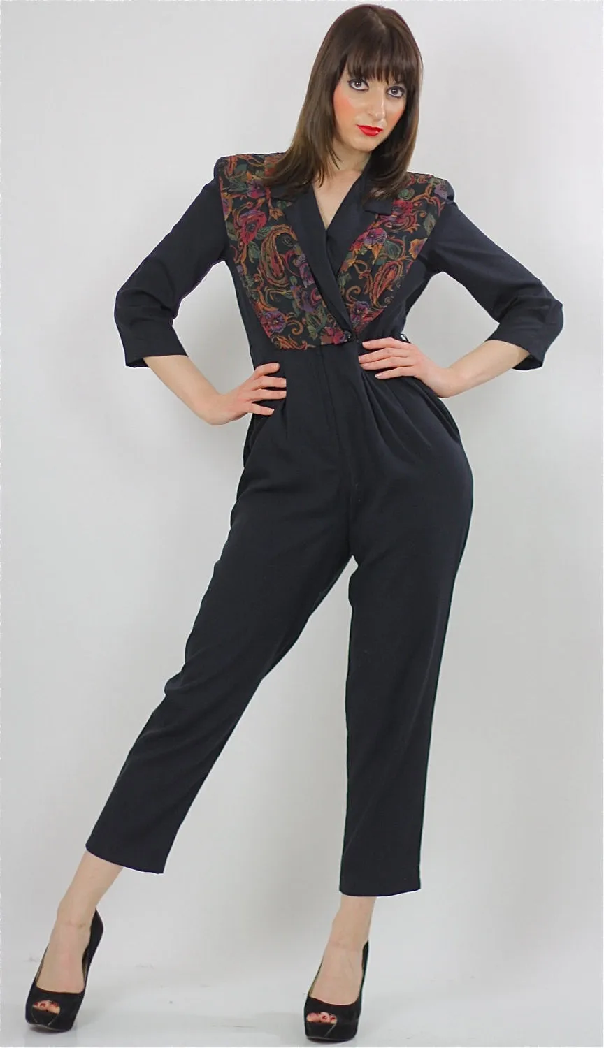 paisley jumpsuit Hippie Boho wrap surplus romper 1980s black criss cross long sleeve high waist tapered leg  Deep V romper jumpsuit Small M