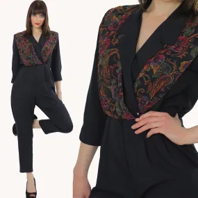 paisley jumpsuit Hippie Boho wrap surplus romper 1980s black criss cross long sleeve high waist tapered leg  Deep V romper jumpsuit Small M