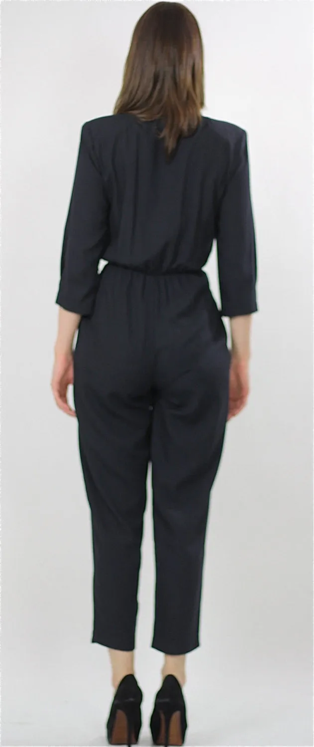 paisley jumpsuit Hippie Boho wrap surplus romper 1980s black criss cross long sleeve high waist tapered leg  Deep V romper jumpsuit Small M
