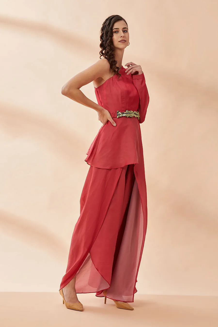 Red Asymmetric Co-Ord Set With Belt