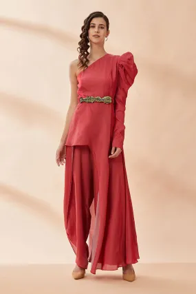 Red Asymmetric Co-Ord Set With Belt