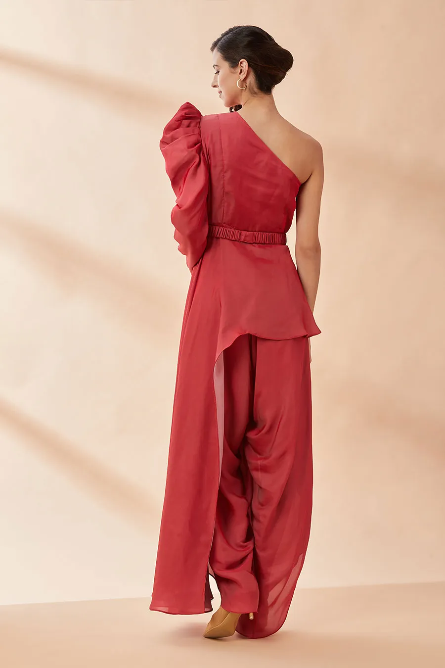 Red Asymmetric Co-Ord Set With Belt