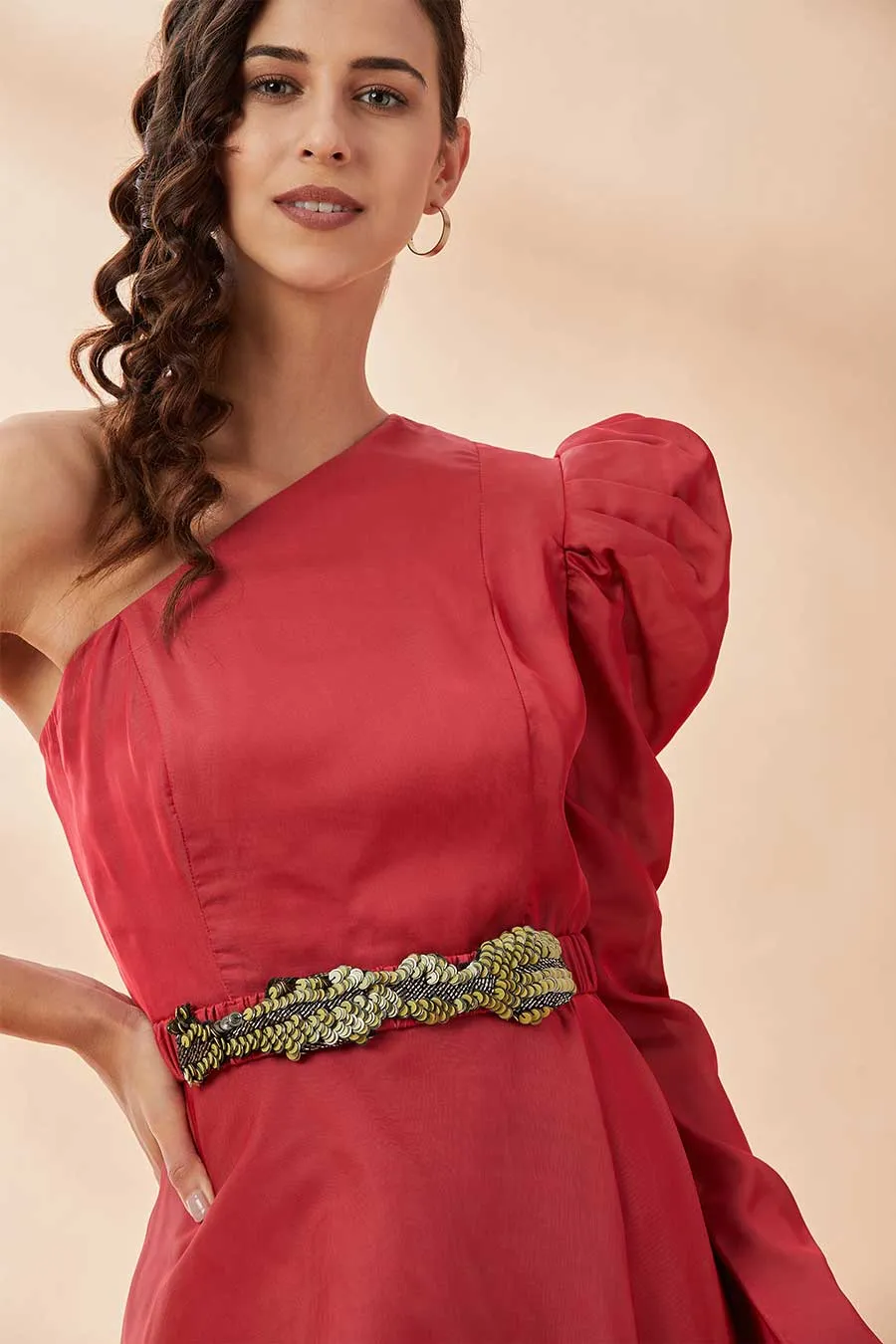 Red Asymmetric Co-Ord Set With Belt