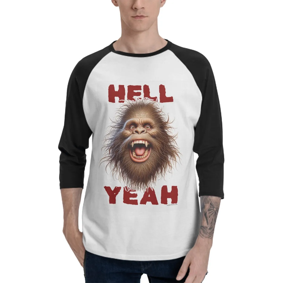 Sarcastic Sasquatch “Hell Yeah!”  3/4 Sleeve Cotton Baseball Shirt