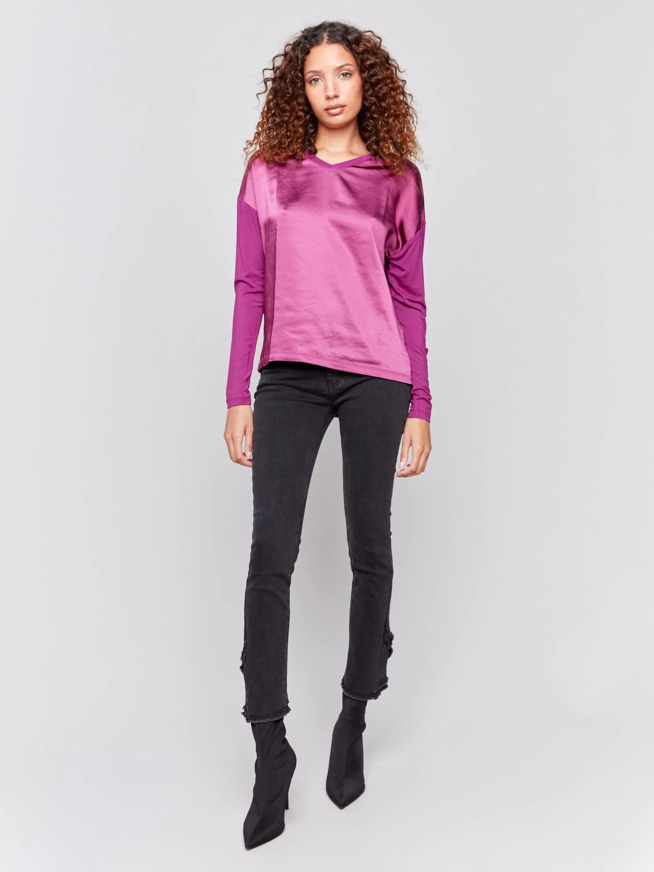 Satin and Jersey V-Neck Knit Top - Mulberry