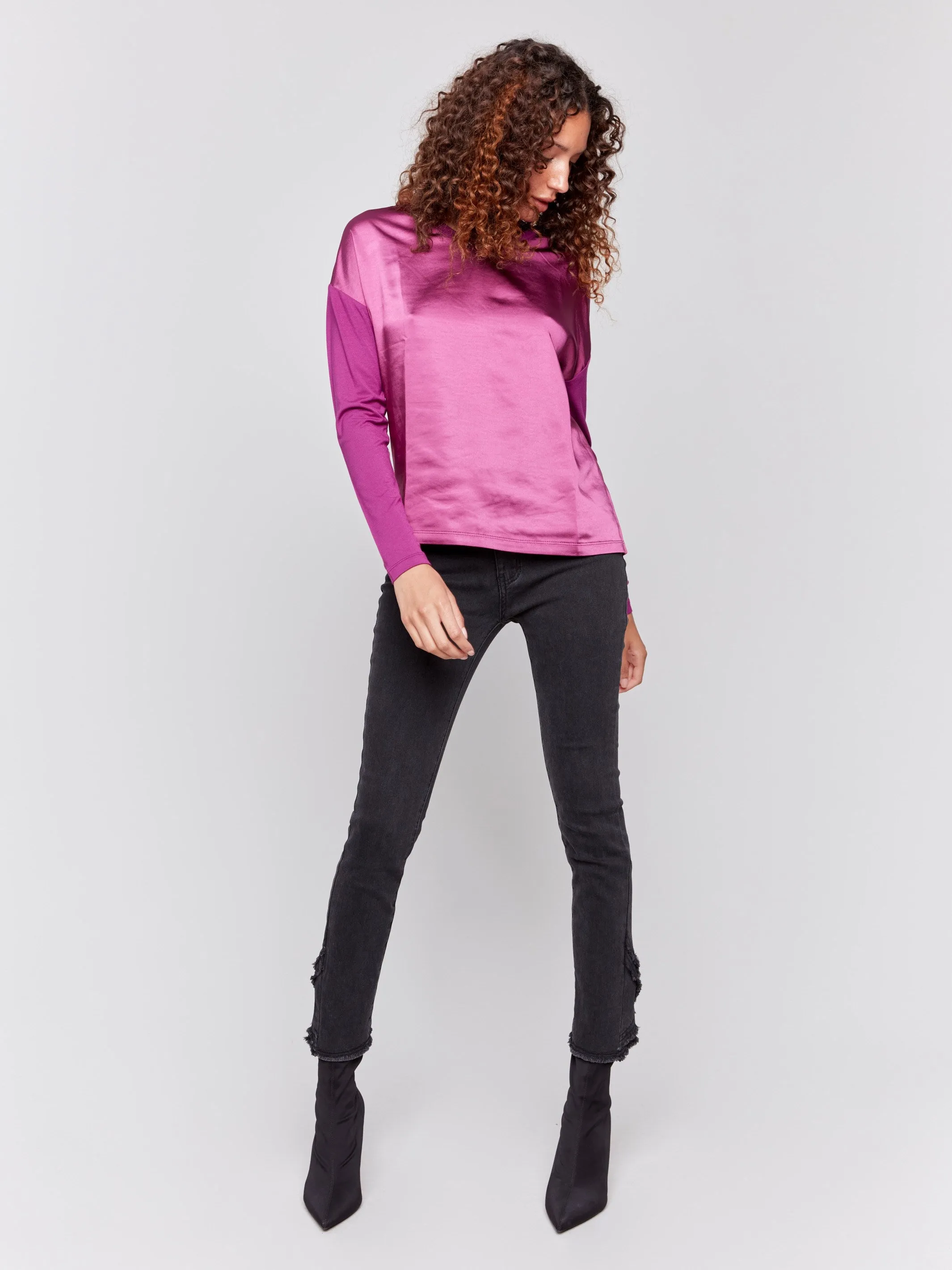 Satin and Jersey V-Neck Knit Top - Mulberry
