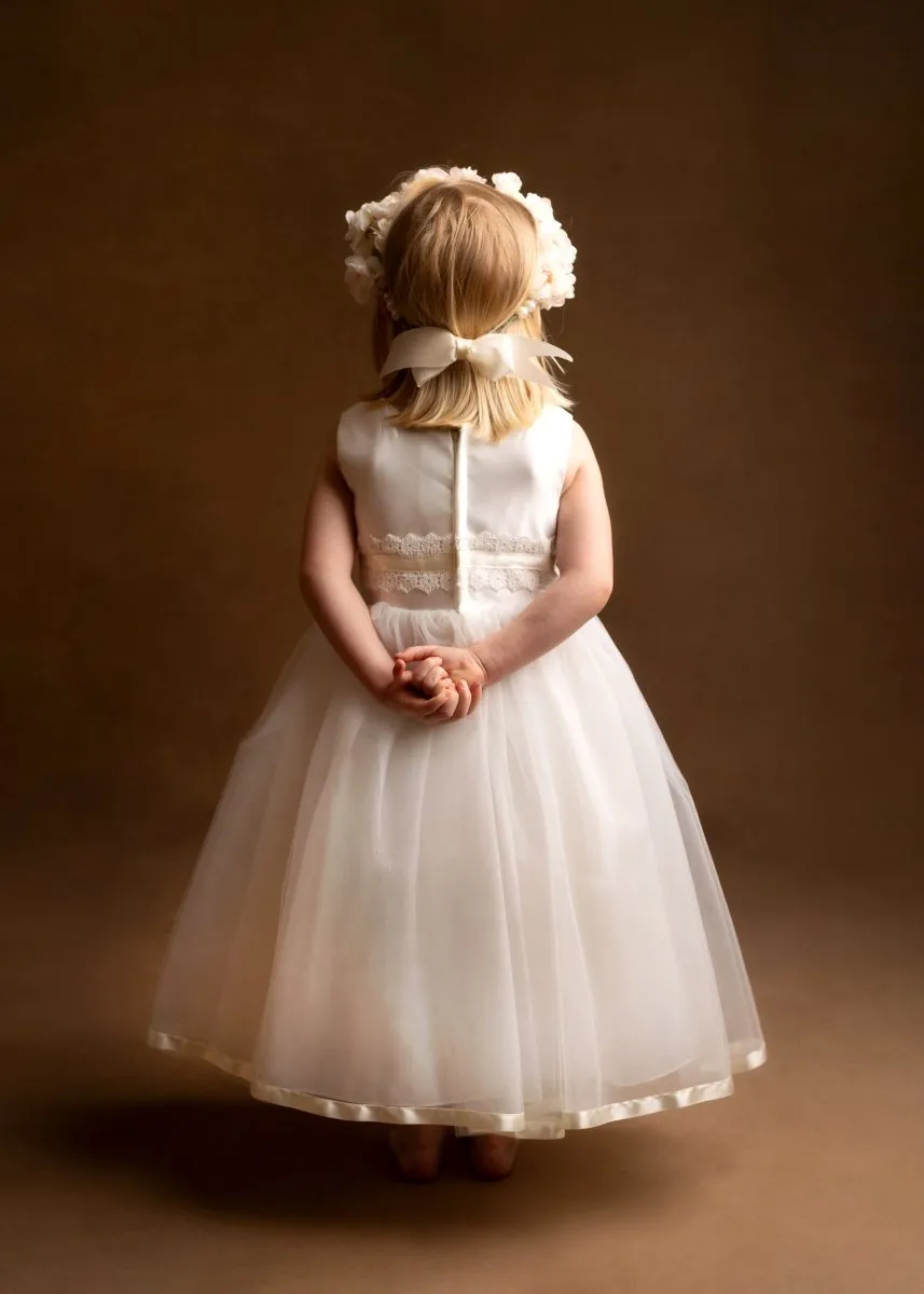 Satin bodice and lace flowergirl dress