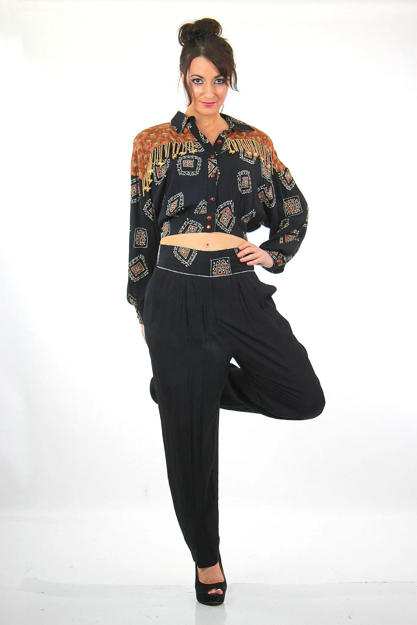 Vintage 80s patchwork crop harem pants beaded jumpsuit