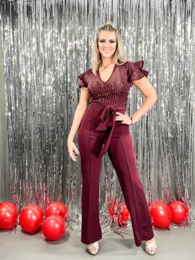 WINE SEQUIN DETAIL JUMPSUIT