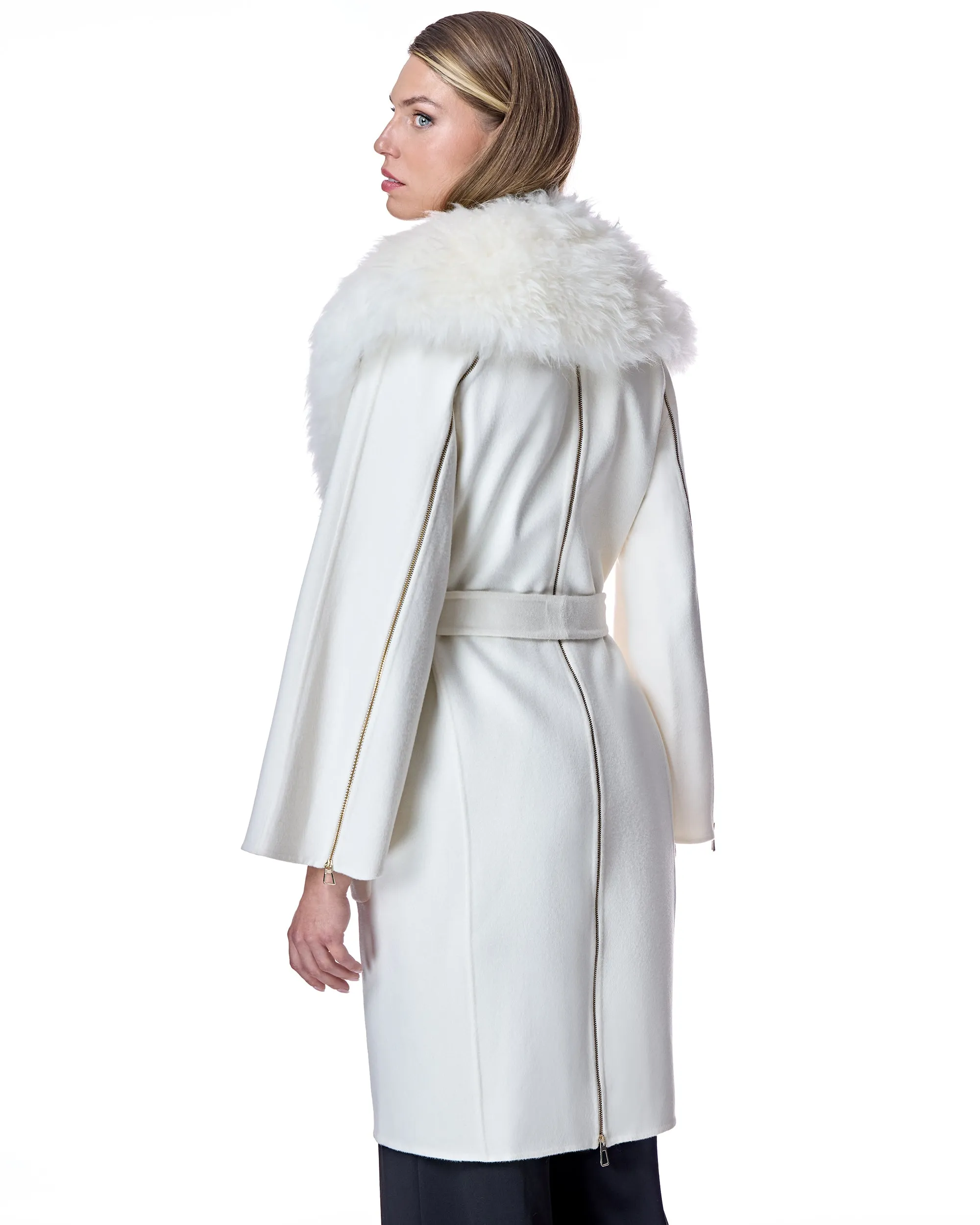 Wool Blend Belted Fur Trim Coat