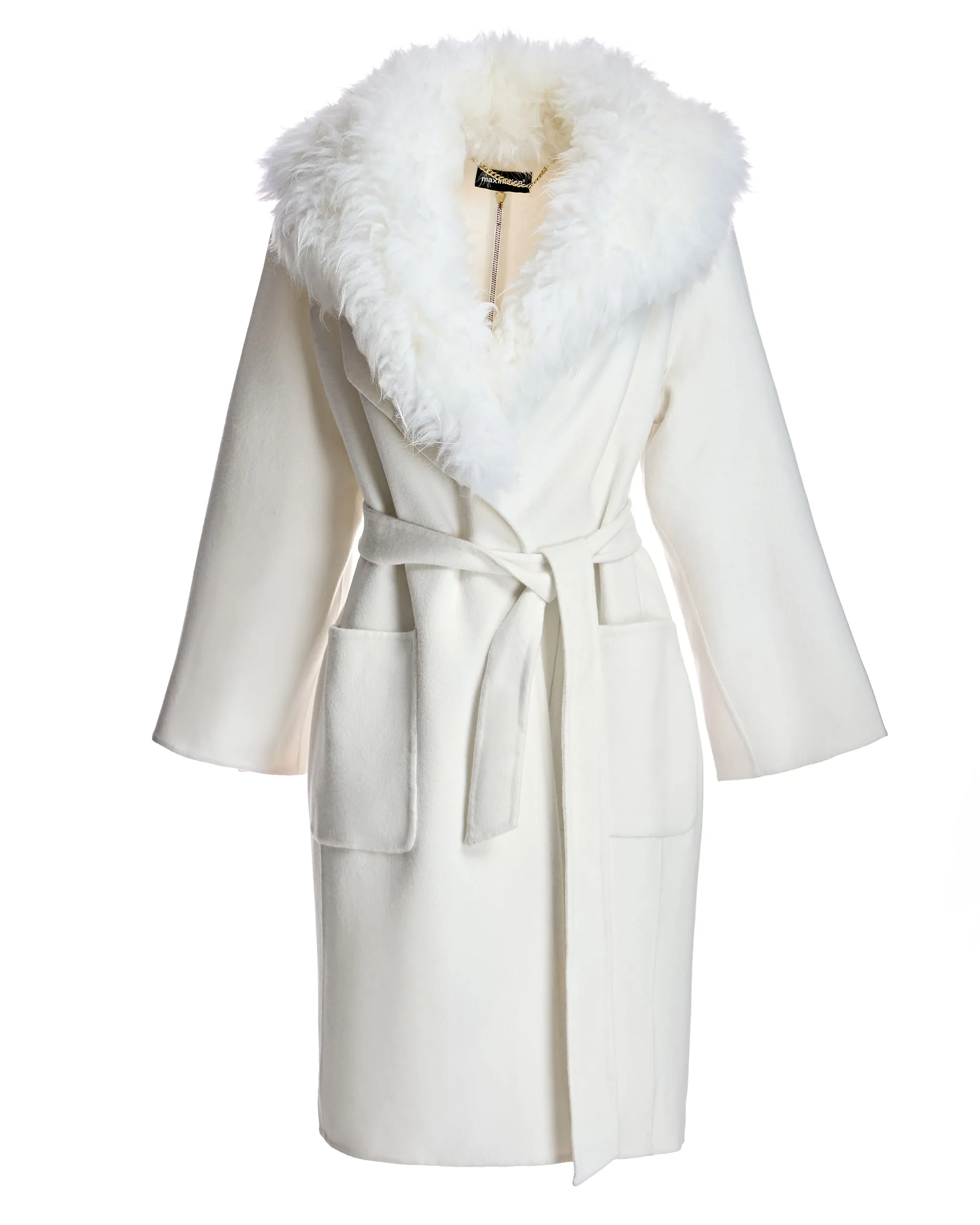 Wool Blend Belted Fur Trim Coat