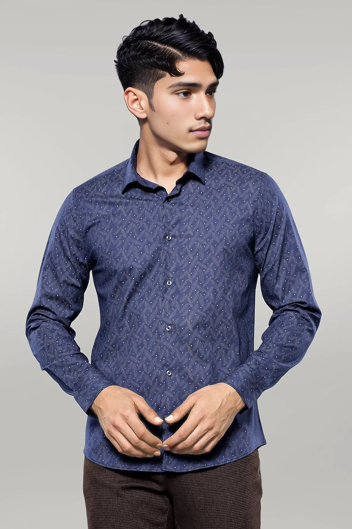WSS Dot-Patterned Navy Blue Shirt  - Singen